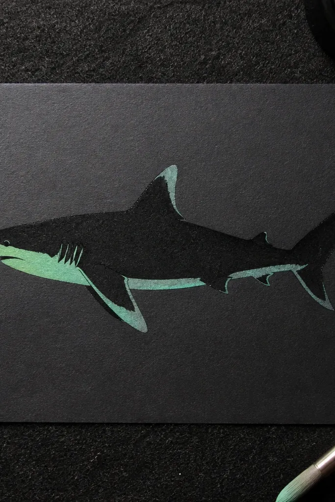 Black shark silhouette with seafoam green fin and belly highlight