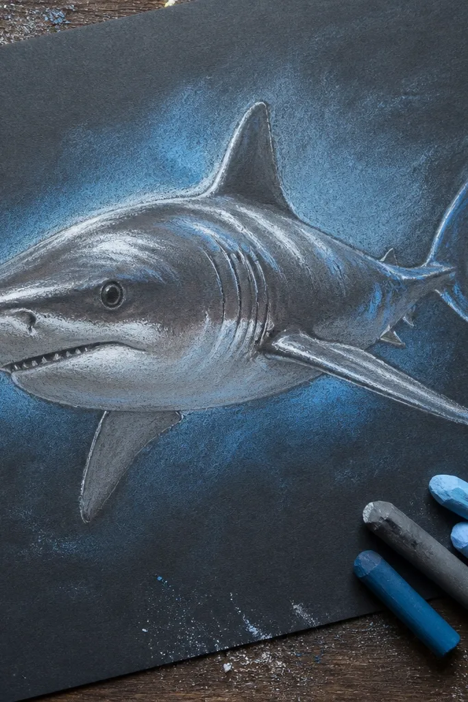 Chalk pastel shark on black paper with white highlights and soft blue water