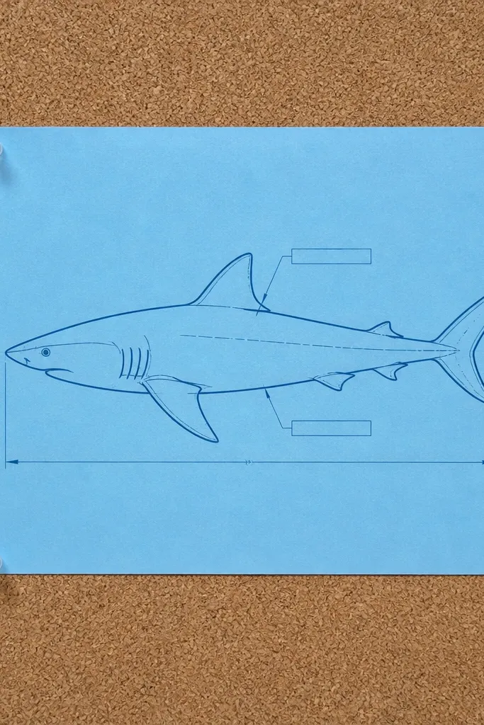 Blueprint style shark outline with ruler-like lines and tiny labels