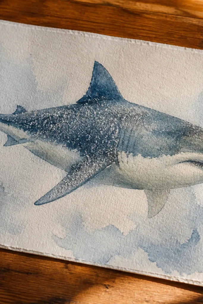 Watercolor shark with speckled texture like salt-resist on the body