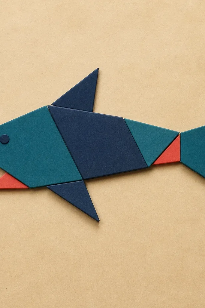Geometric shark made from colored triangles and trapezoids