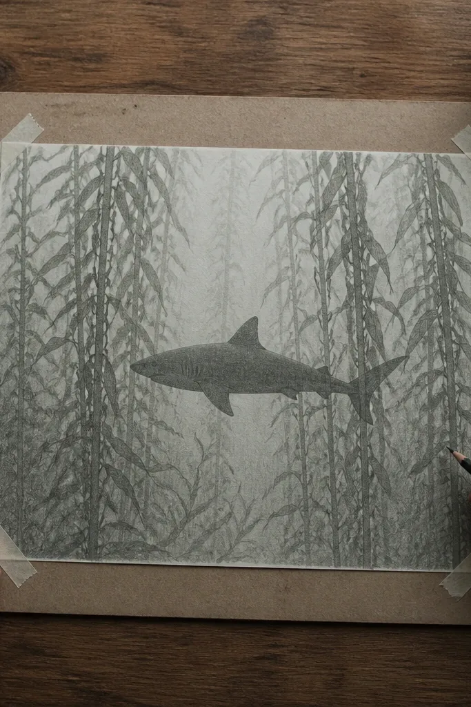 Shark centered with tall kelp leaves forming a frame around it