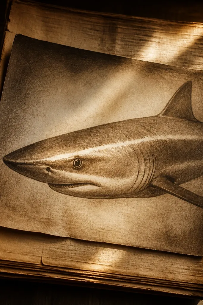 Sepia shark portrait with dark vignette edges and soft highlight stripe