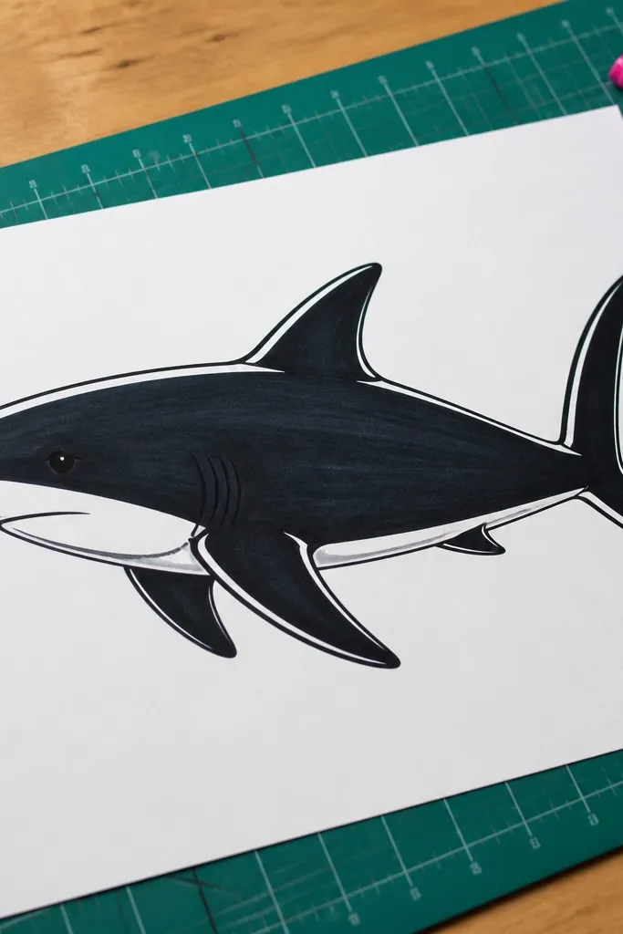 Bold marker shark with sharp edges and narrow white highlight lines