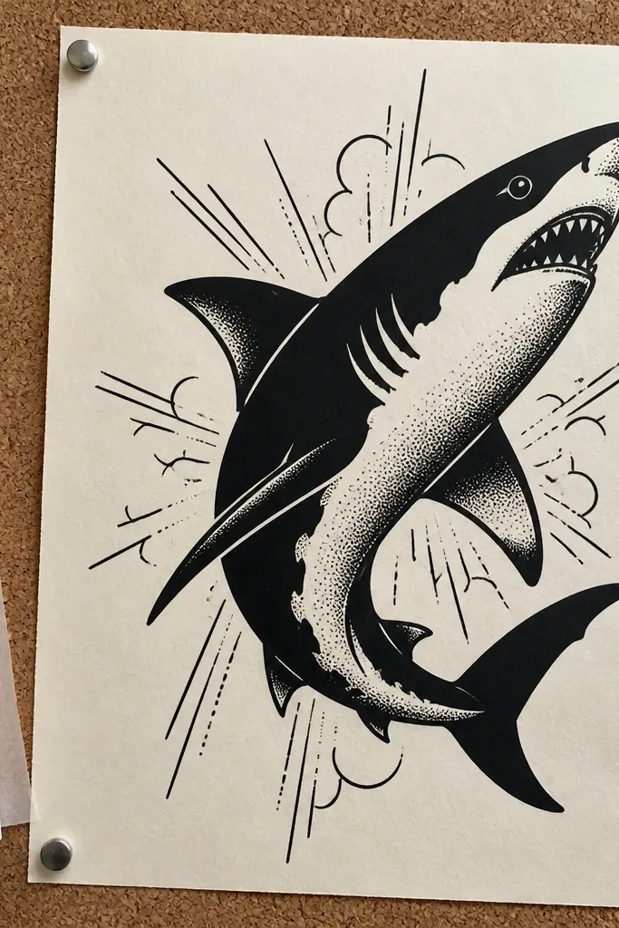 Black ink tattoo flash shark with bold dotwork and small ornamental background