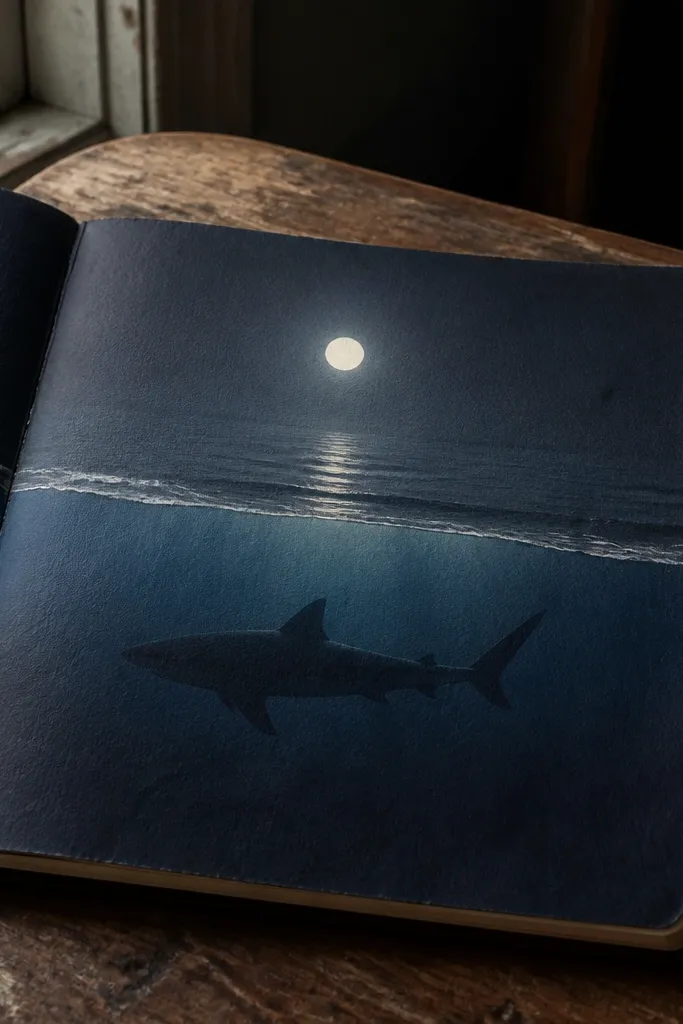 Shark silhouette under a bright moon with simple wave lines and foam