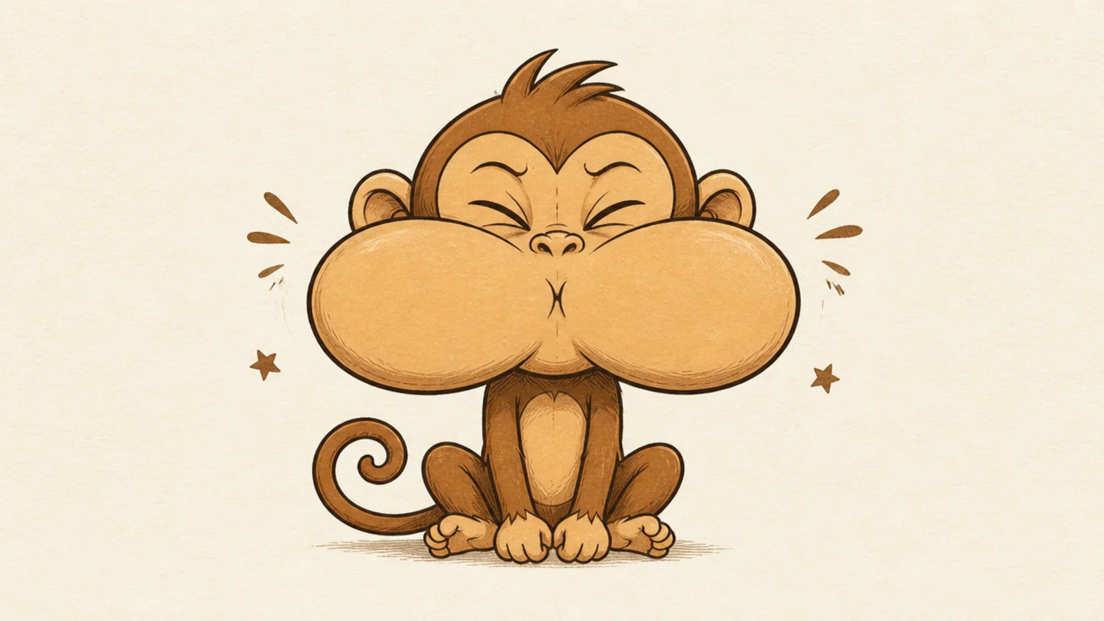 A silly monkey with cheeks puffed up like balloons