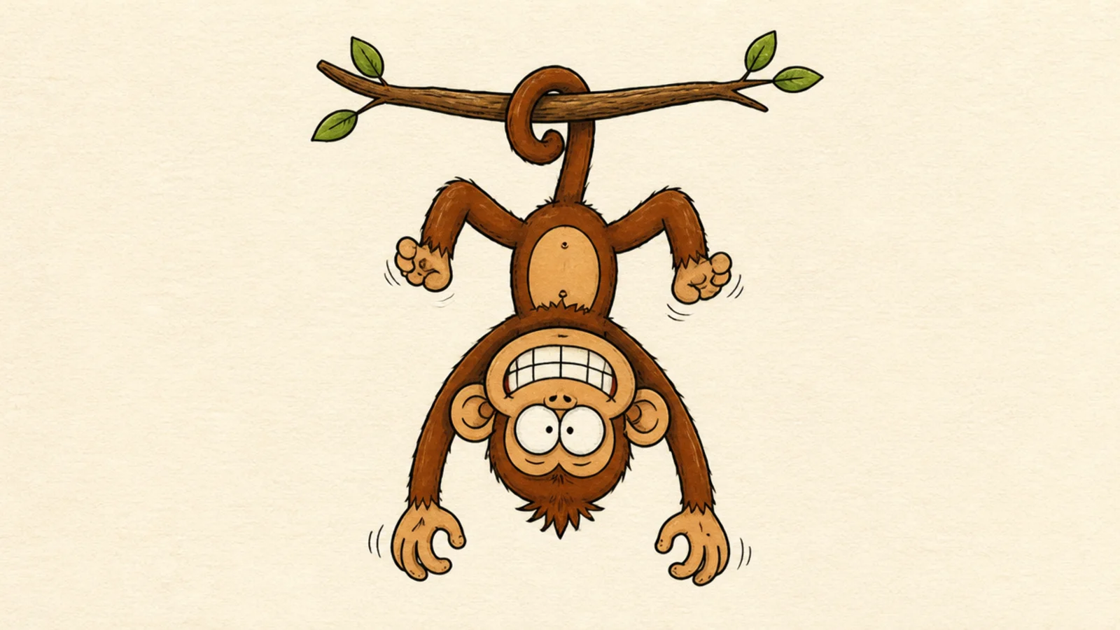A silly monkey hanging upside down by its tail with a grin
