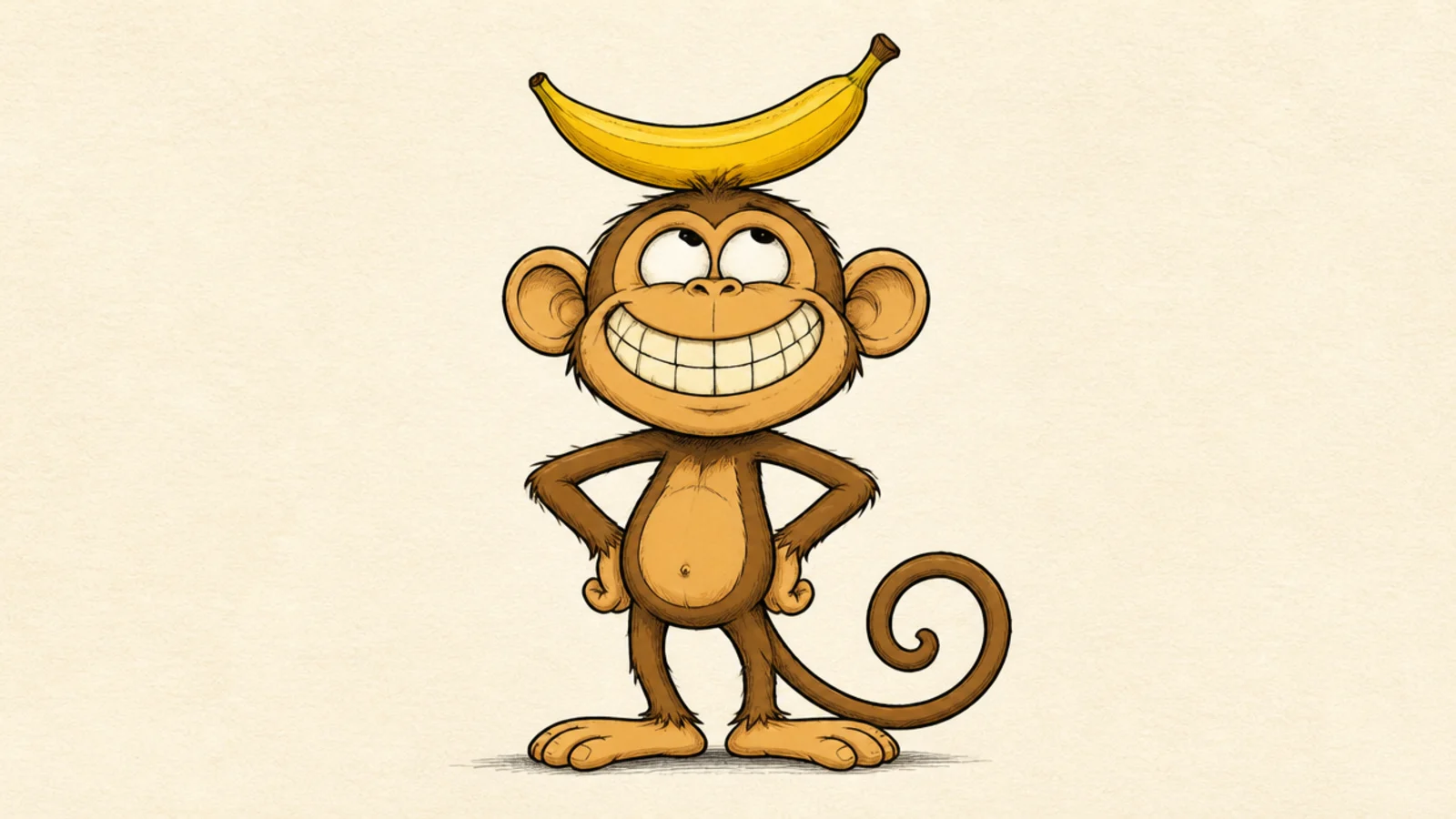 A silly monkey balancing a banana on its head like a hat