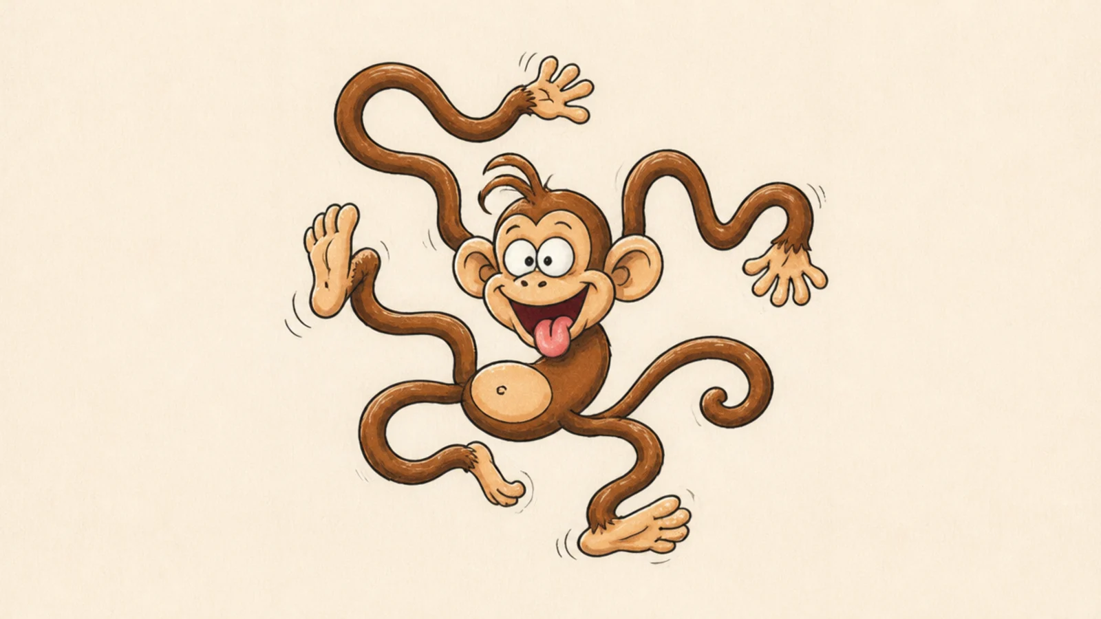 A silly monkey with floppy wobbly noodle arms and legs