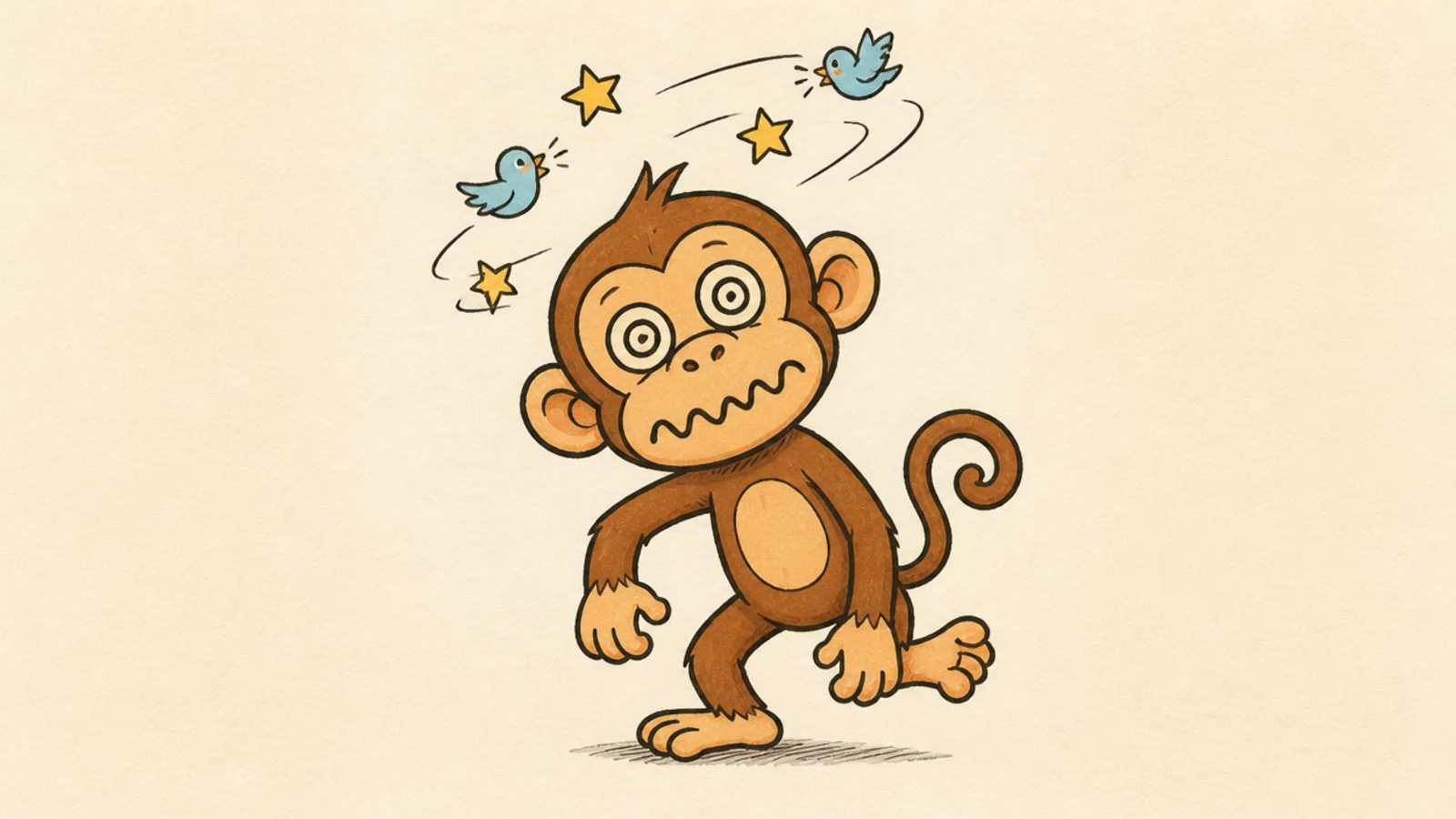 A silly monkey with spiral eyes looking dizzy