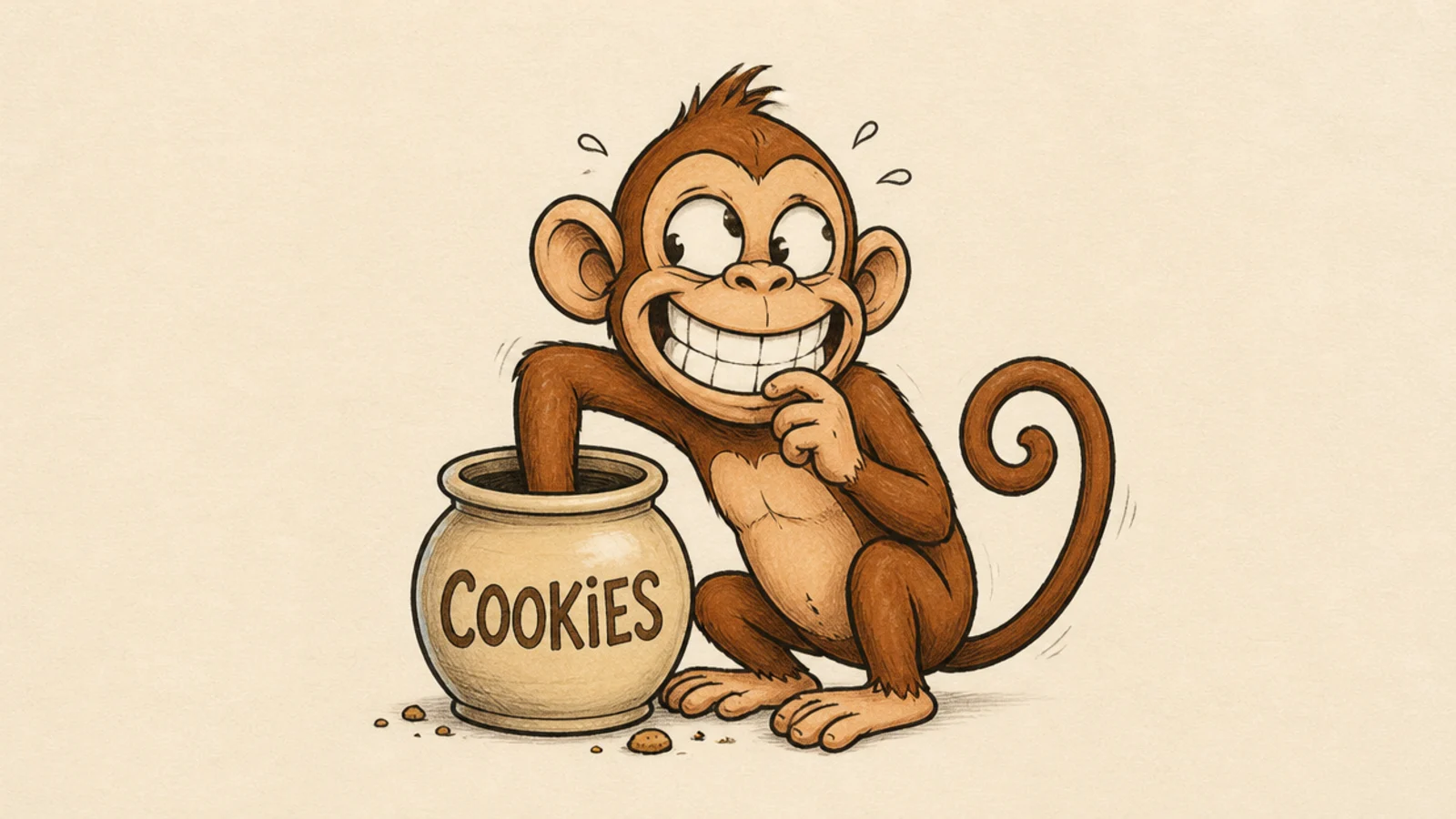 A silly monkey with its hand stuck in a cookie jar looking guilty