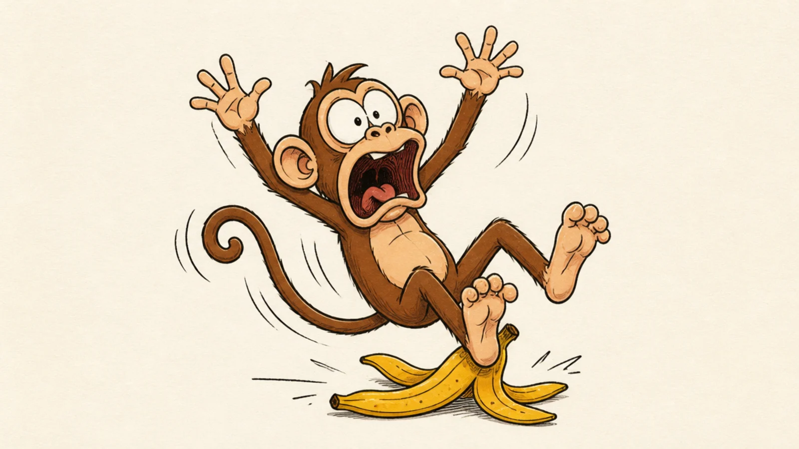 A silly monkey slipping on a banana peel with legs in the air