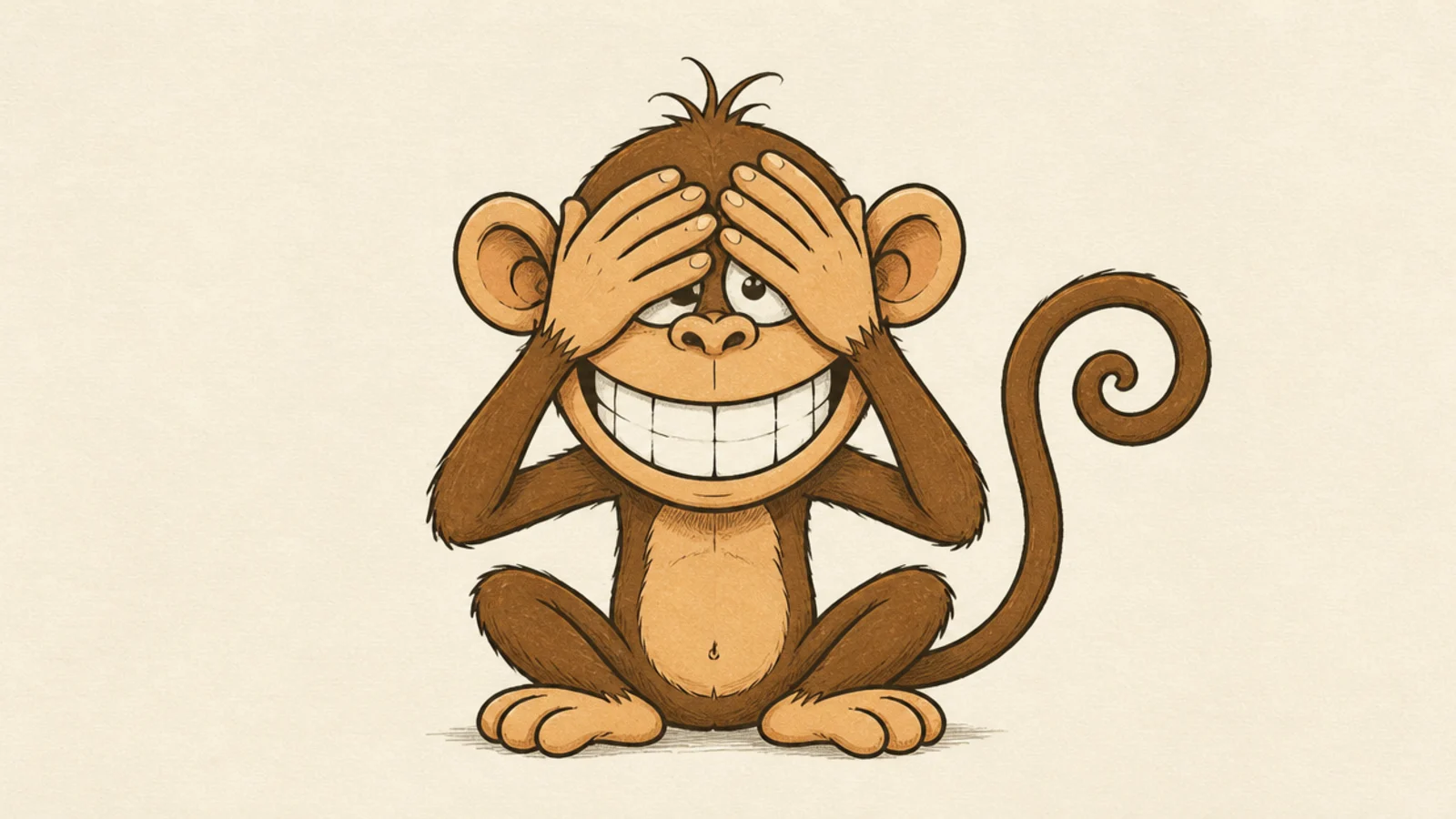 A silly monkey covering its eyes with its hands playing peekaboo