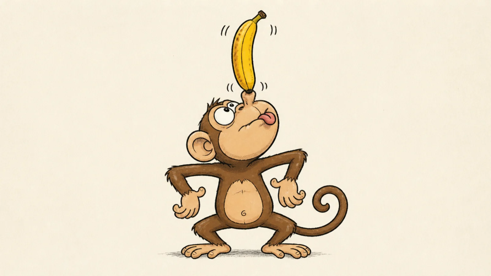 A silly monkey balancing a banana on the tip of its nose