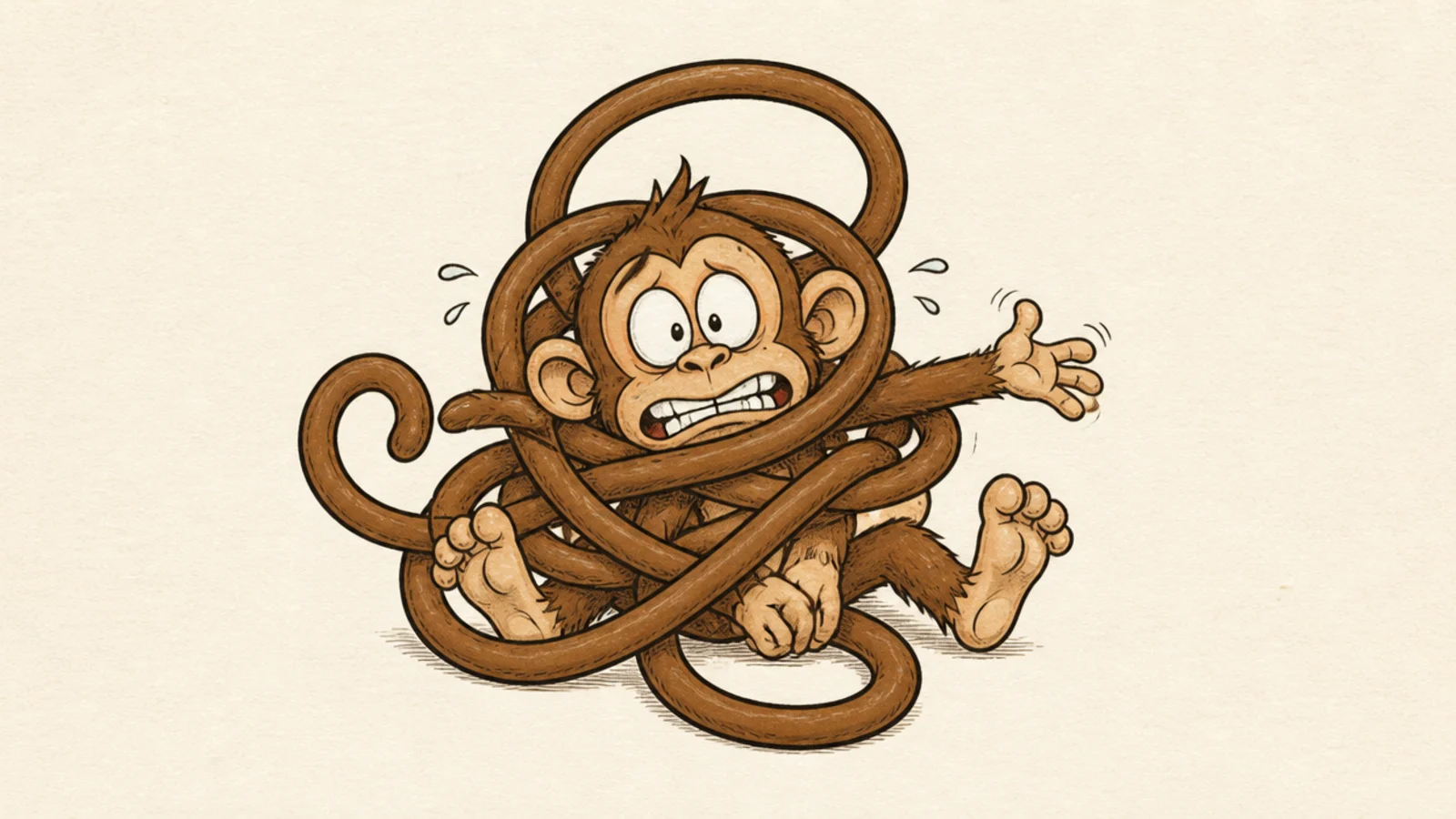 A silly monkey all tangled up in its own long tail