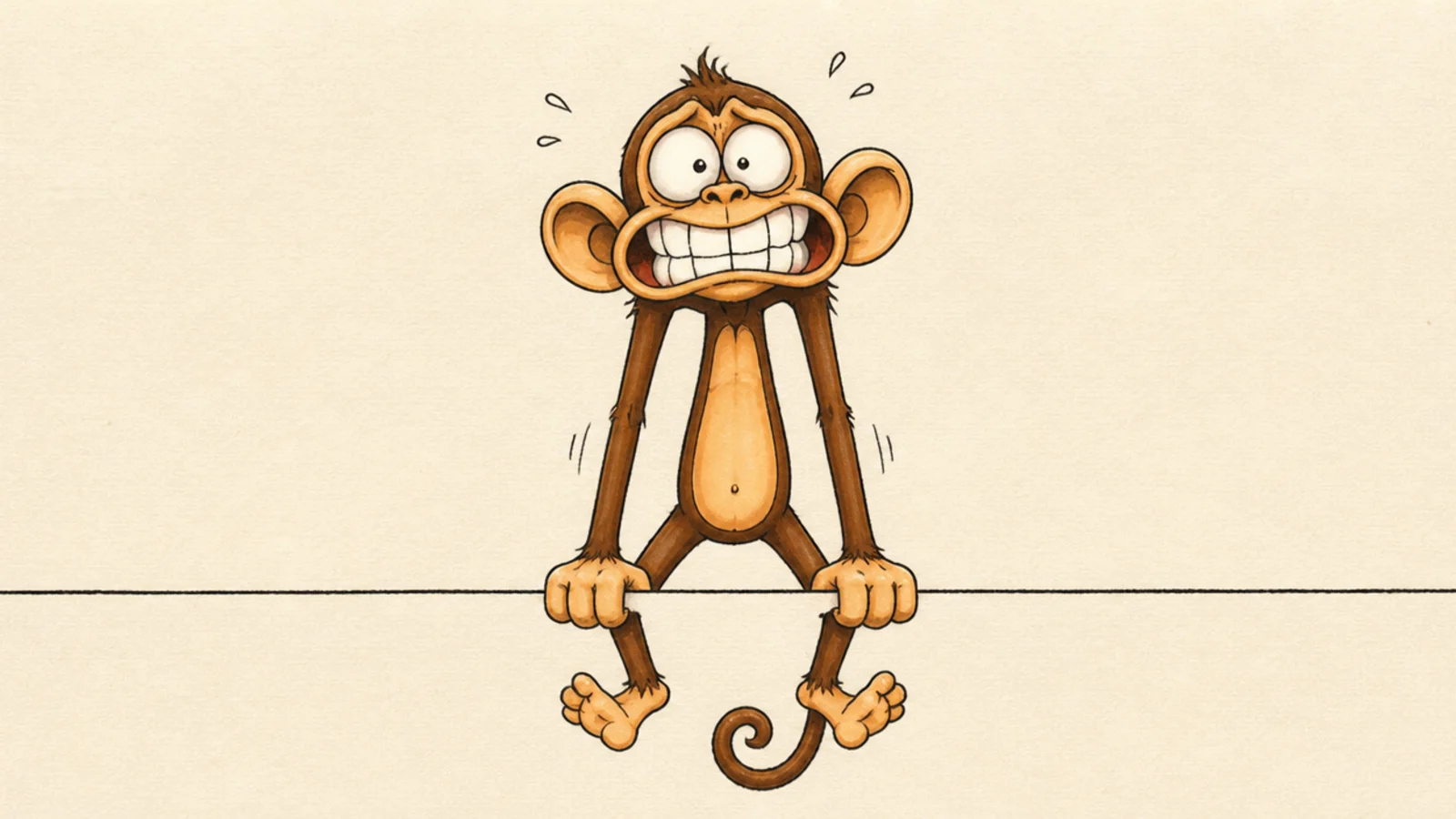 A silly monkey hanging off the edge of the page by its hands