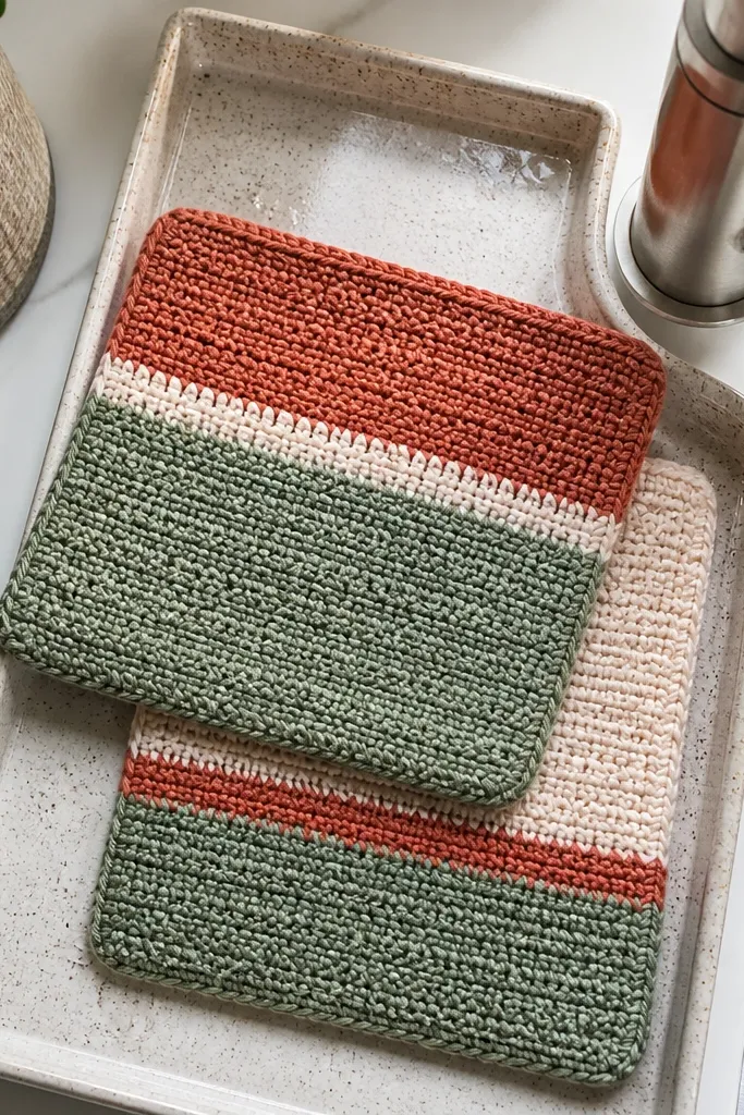 Three folded dishcloths in alternating cream, rust, and sage crochet blocks
