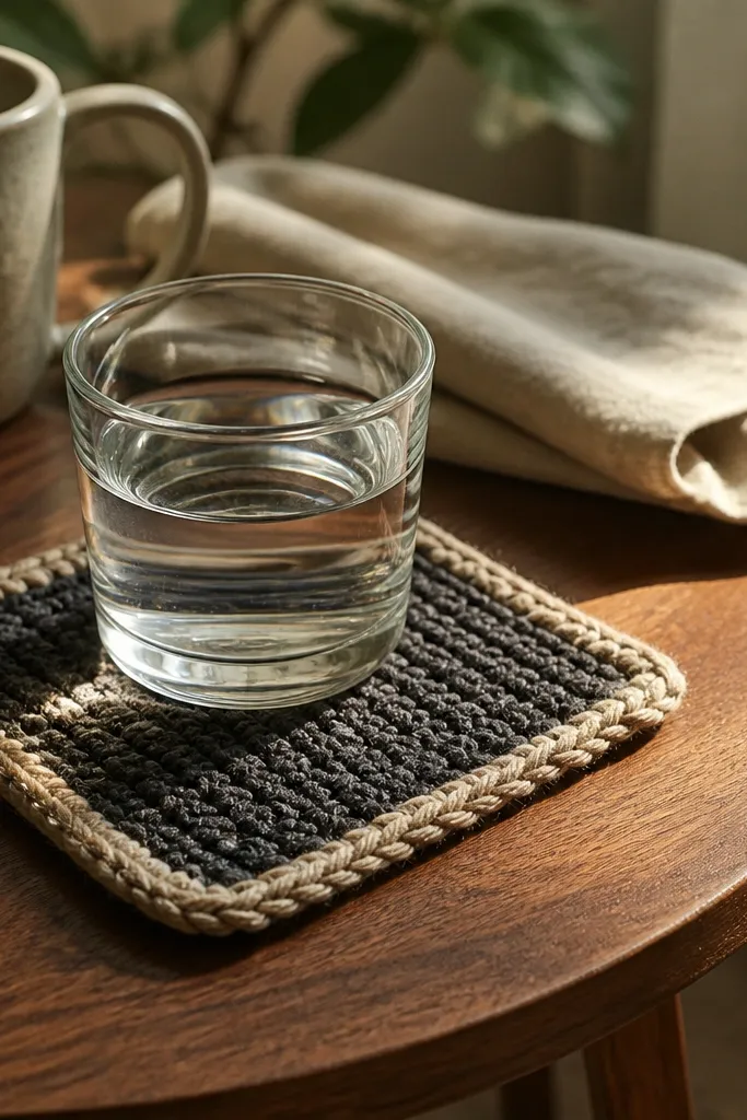 Two round coasters, cream and teal, with a textured moss stitch pattern