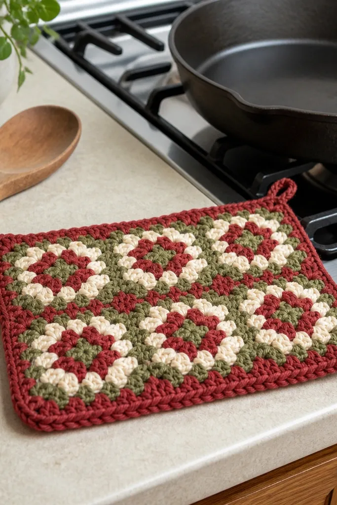 A square crochet potholder with bold yellow and white granny texture and corner gaps