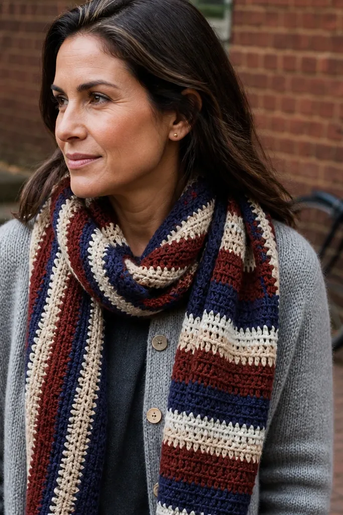 A long striped scarf in navy, oatmeal, and mustard with even half double crochet ridges