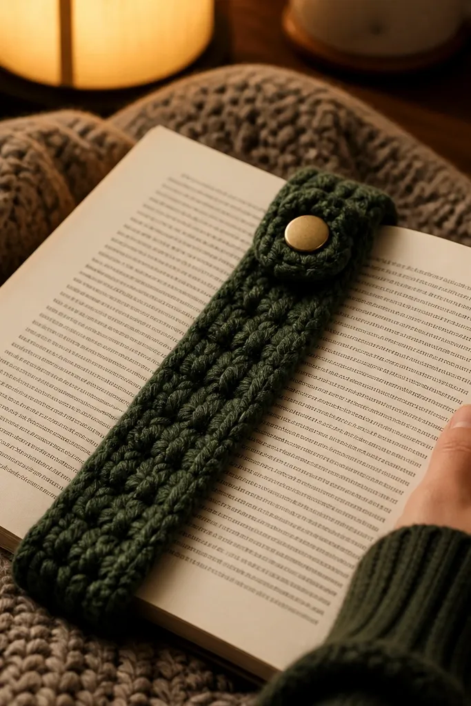 A chunky crochet bookmark in deep green with a small button tab and tassel