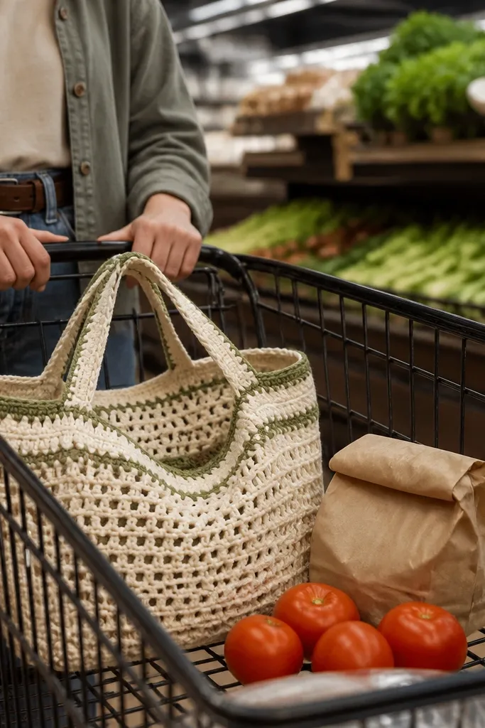 A small crochet tote with a square base, open lattice sides, and short handles