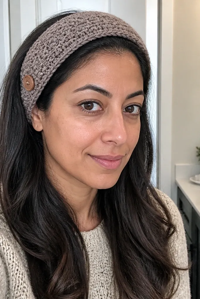 A tan crochet headband with a textured stitch band and a small button on the side