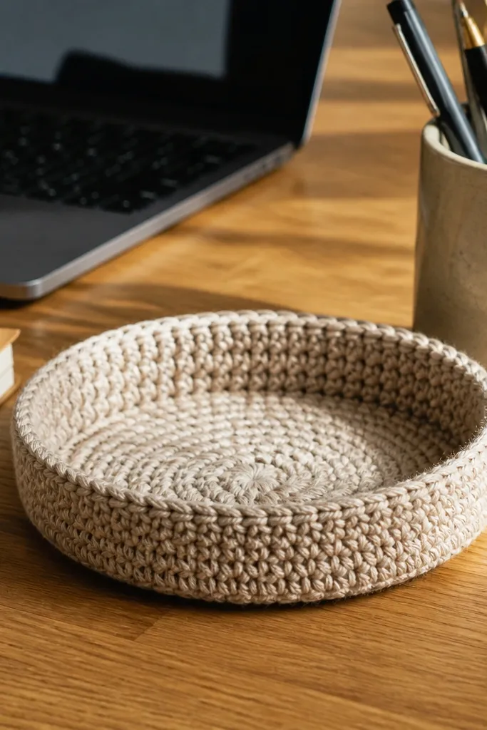 A small textured crochet tray in neutral beige with a folded rim look