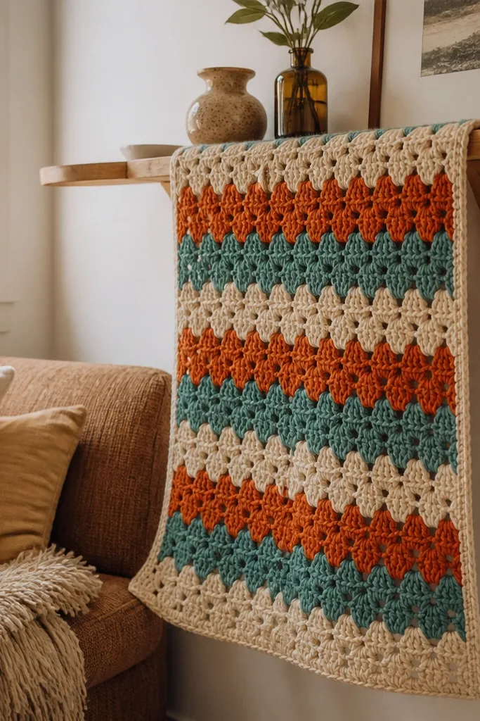 A rectangular crochet wall runner with alternating granny stripe blocks in pink, cream, and gray
