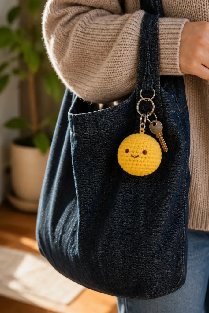 A small crochet keychain animal in gray with a rounded body and simple face embroidery