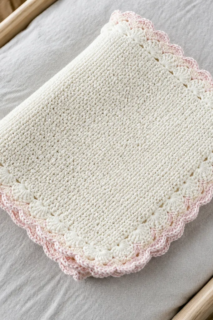 A soft cream crochet square with scalloped shell stitch edging around the border