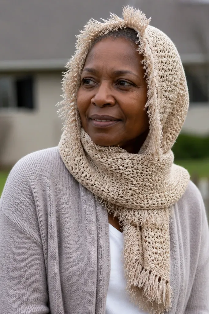 A neutral head scarf with a simple rectangle shape and fringe along one long edge