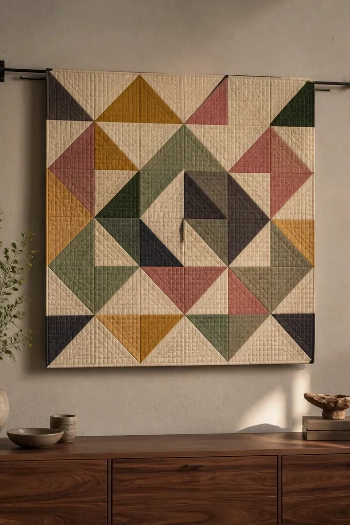 A small wall hanging with triangle shapes made from joined crochet squares in muted colors
