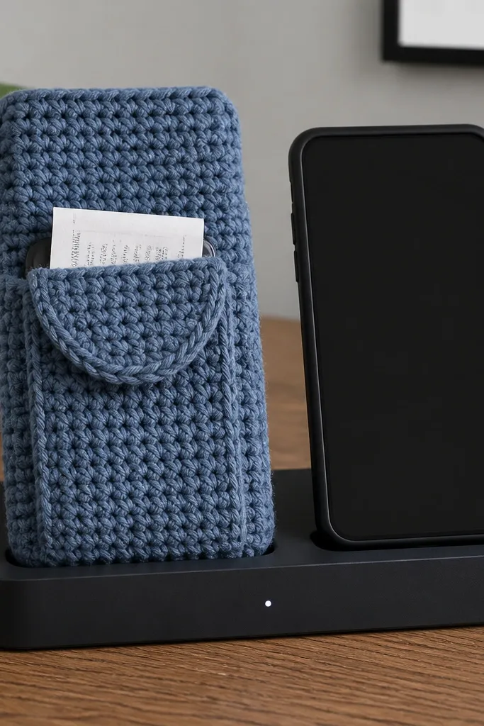 A slim crochet phone sleeve in dark navy with a small front pocket flap