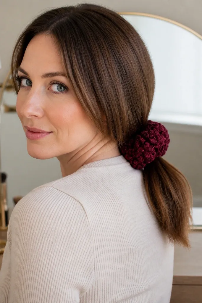 A ribbed crochet scrunchie in dusty rose with a soft gathered look