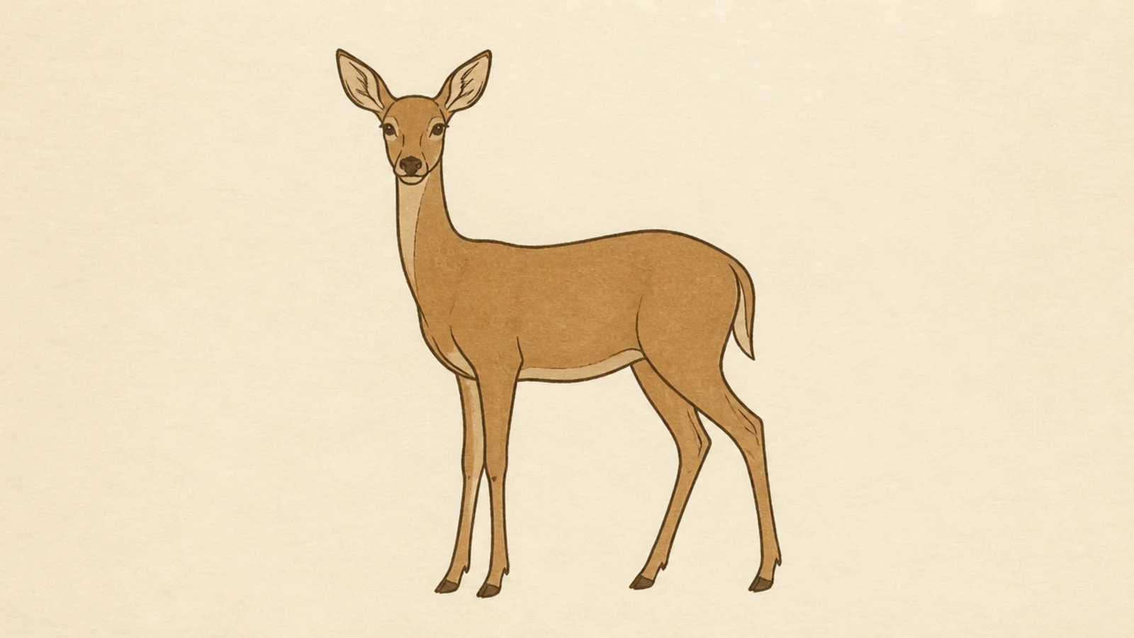 A simple slender doe standing with tall ears and no antlers