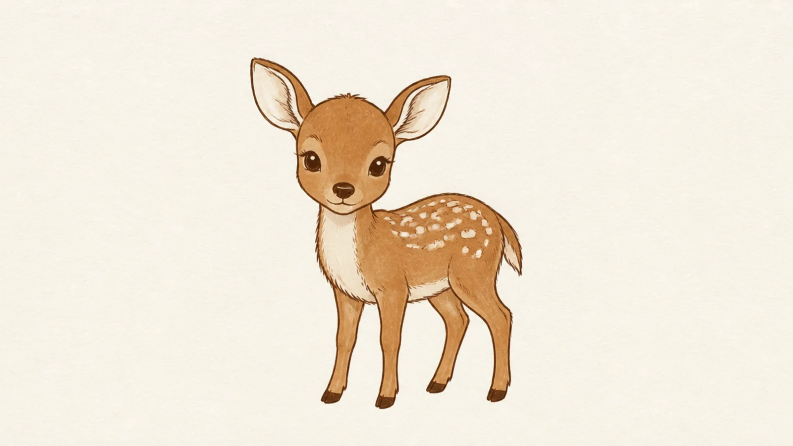 A simple standing fawn with short legs and a few spots