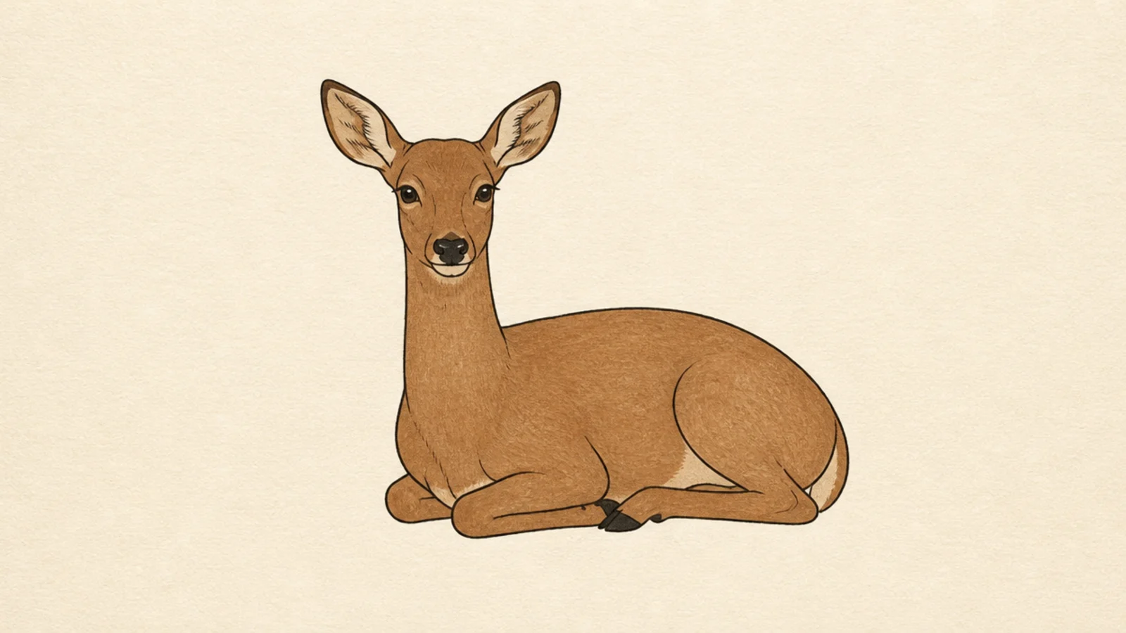 A simple deer lying down with legs folded beneath it