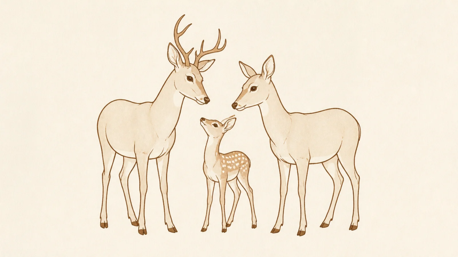 Two adult deer and a small fawn standing together