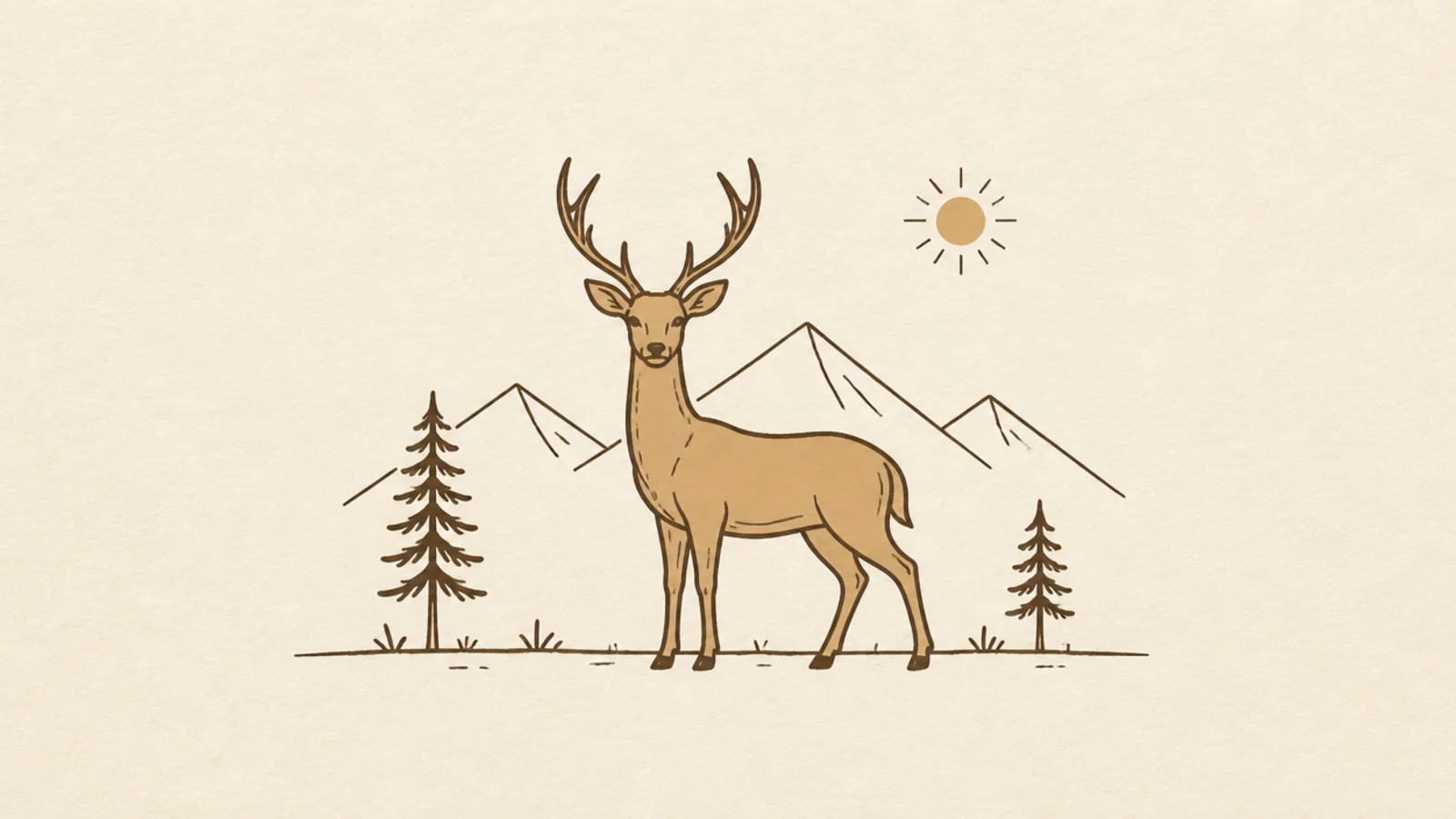 A simple deer standing before minimal mountain peaks