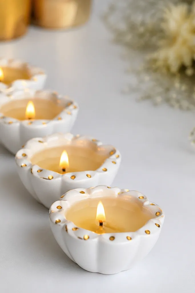 A row of small diyas with a clean white base; the top rim has gold paint polka dots evenly spaced, and the rest of the diya stays plain. The lighting makes the gold dots glow.