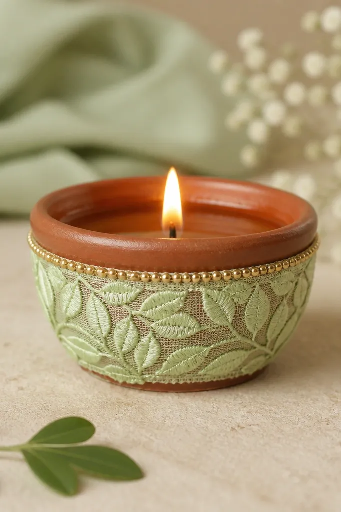 A diya wrapped with pale green leaf-pattern lace around the middle, with a small gold bead line at the top edge. The rim area stays uncovered for a clean flame view.