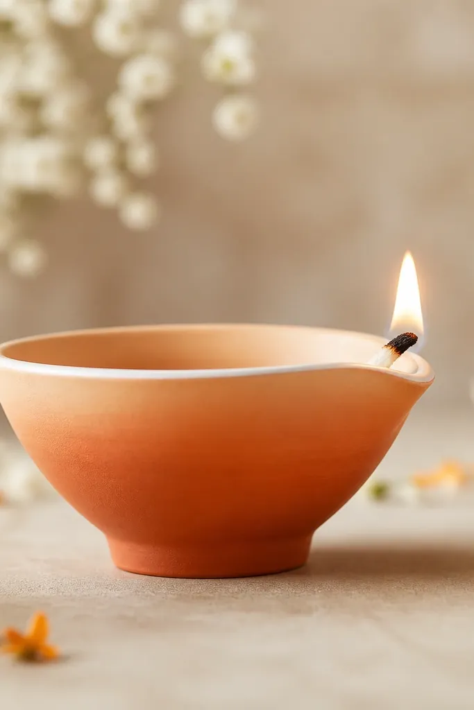 A diya with a gradient from deep terracotta at the bottom to light peach near the top. The rim has a thin white line to separate the colors.