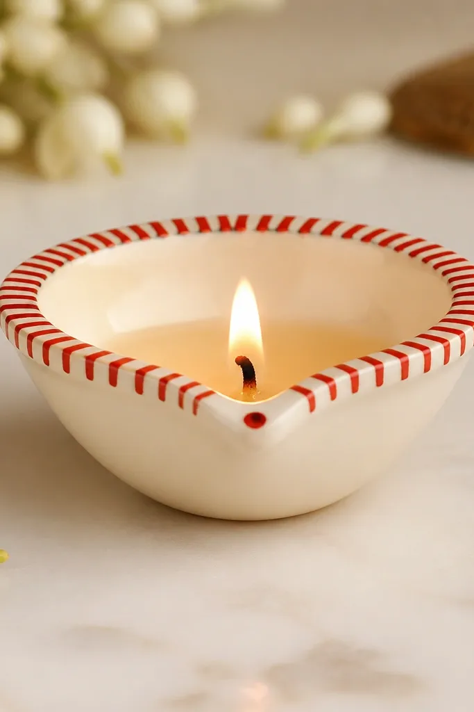 A diya with a plain cream body and a red-and-white striped ring around the rim. The stripes are narrow and evenly spaced, with a tiny red dot at the center front.