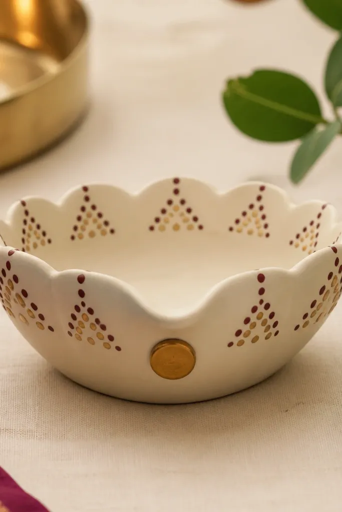 A diya painted matte off-white with a gold dot in the center front and clusters of tiny maroon and bronze dots forming a temple-like pattern around the rim and sides.