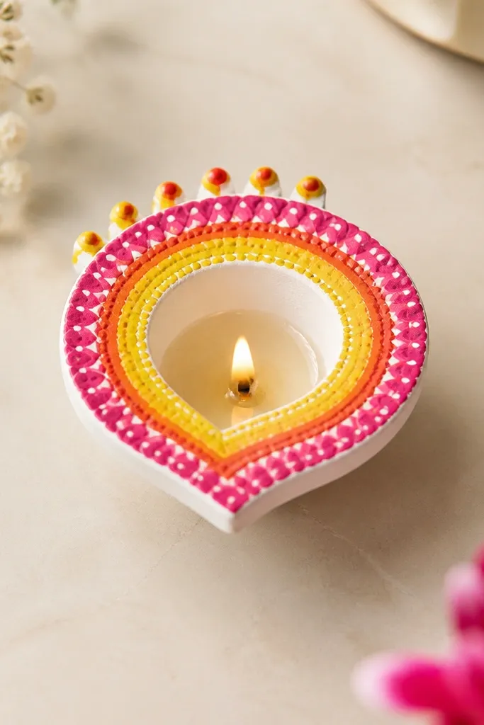A diya with a white base and a rim painted like a tiny rangoli: concentric circles in pink, orange, and yellow with small dot petals at the top edge.