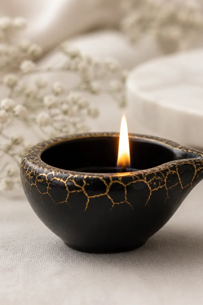 A diya painted matte black with a gold crackle effect only on the top rim and upper cup. The crackle lines look like aged ceramic.