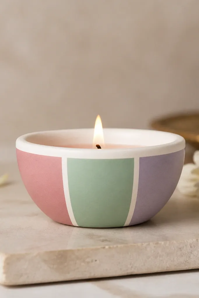 A diya split into three vertical color blocks: dusty pink, mint green, and pale lavender. A thin white line separates each block, and the rim is plain white.
