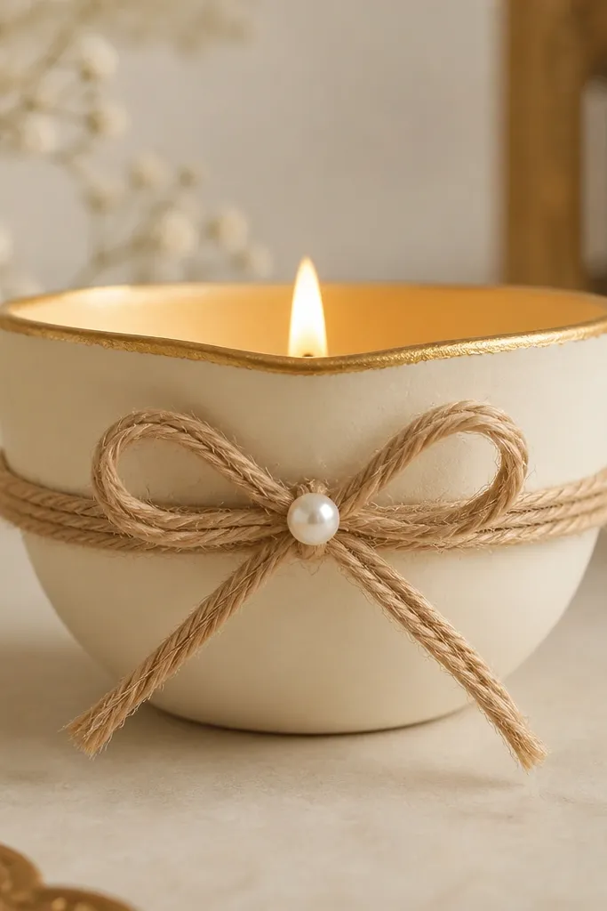 A natural jute twine bow tied around the middle of a diya with a small white pearl dot at the center of the bow. The diya body is painted cream with a thin gold rim.